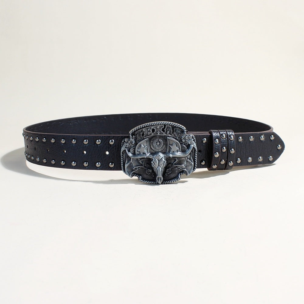 Texas Longhorn Western Riveted Carved Belt