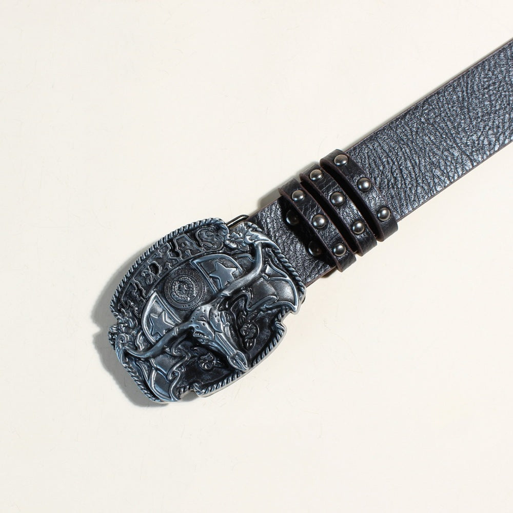 Texas Longhorn Western Riveted Carved Belt