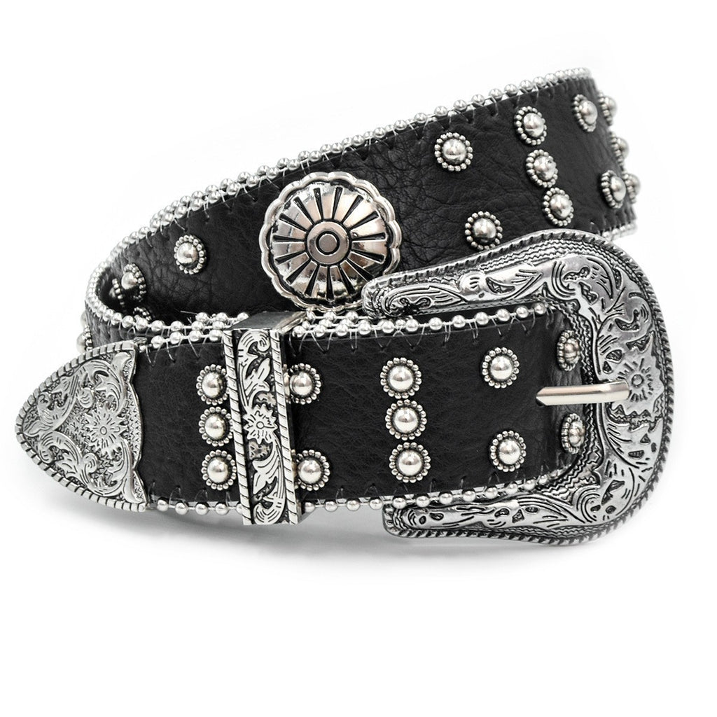 Western Silver Flower Retro Carved Rivet Belt