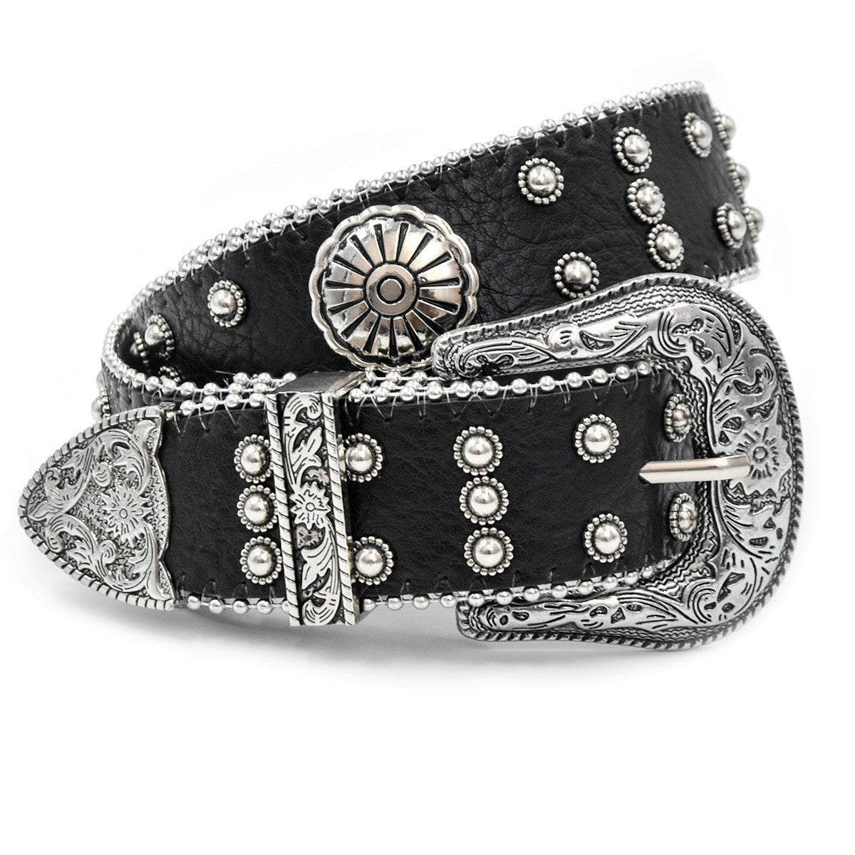 Western Silver Flower Retro Carved Rivet Belt