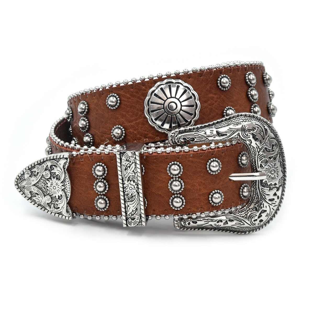 Western Silver Flower Retro Carved Rivet Belt