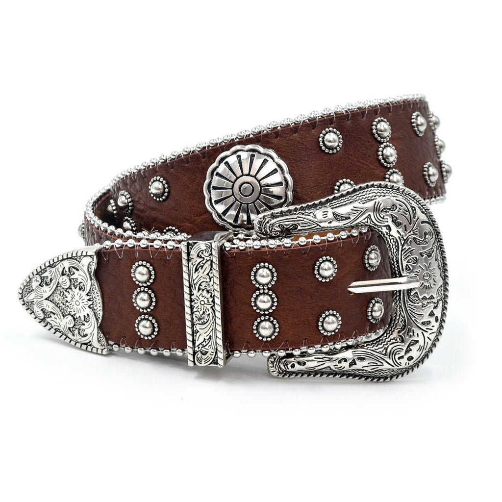 Western Silver Flower Retro Carved Rivet Belt