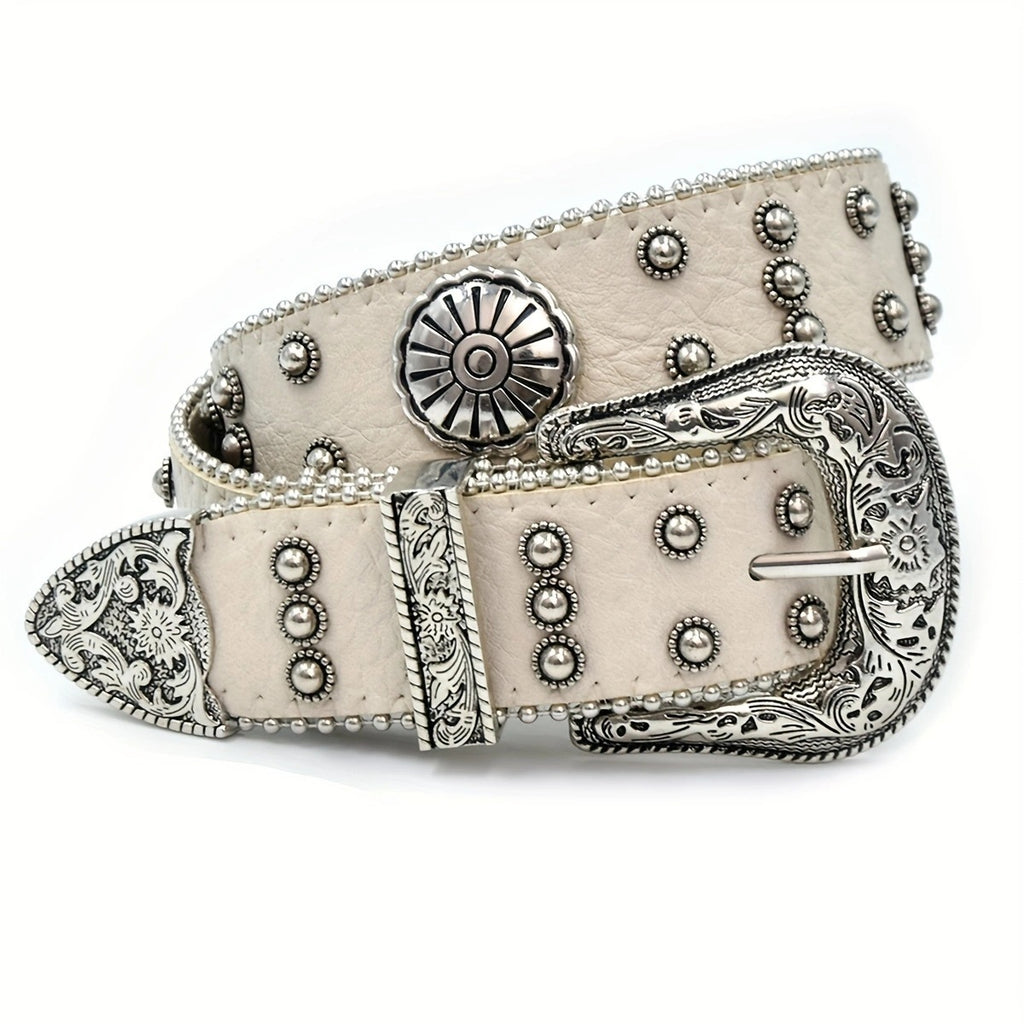 Western Silver Flower Retro Carved Rivet Belt