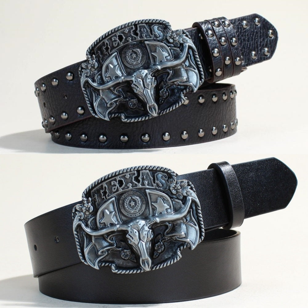 Texas Longhorn Western Riveted Carved Belt