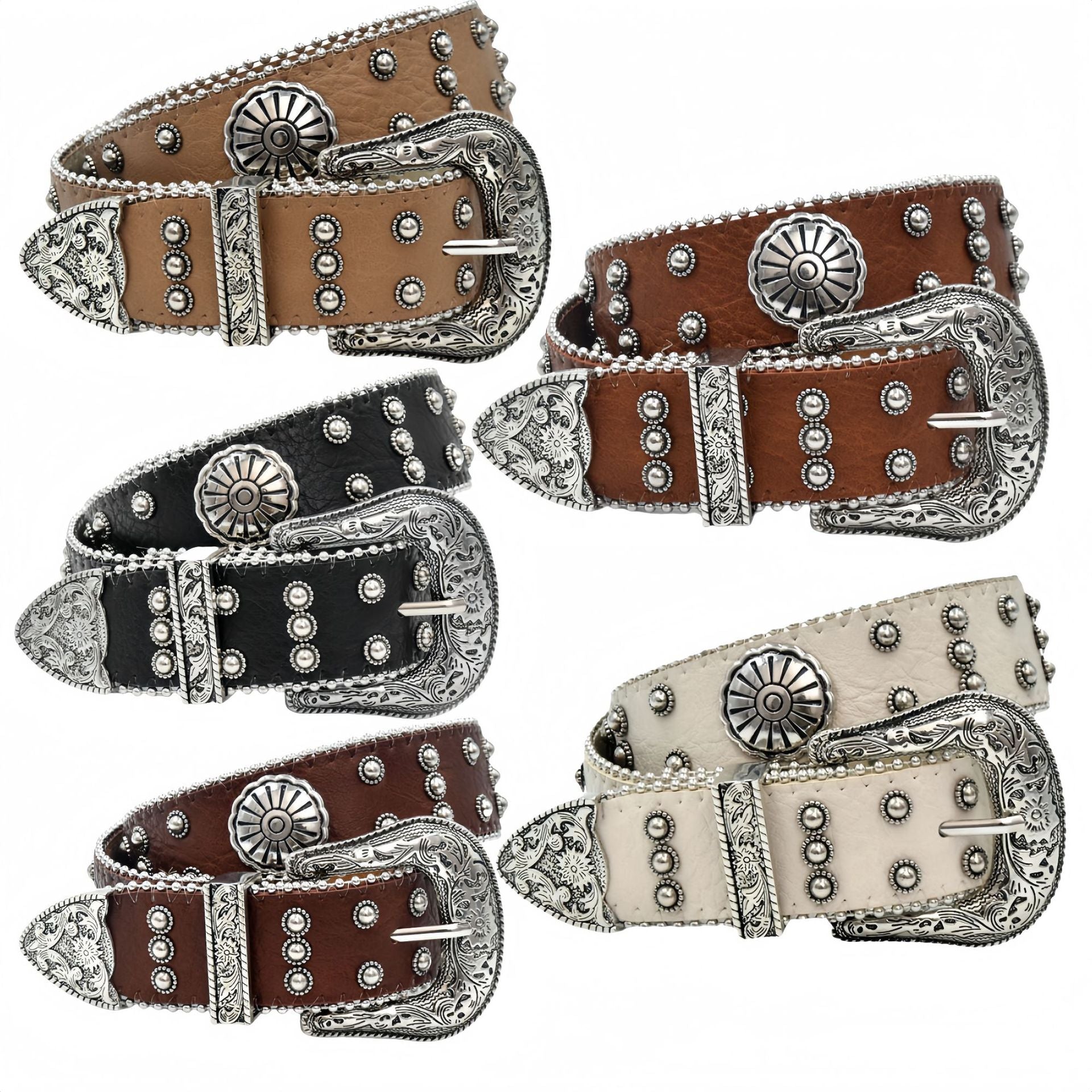 Western Silver Flower Retro Carved Rivet Belt